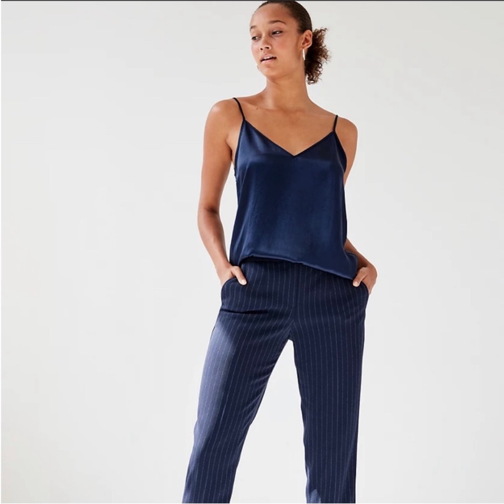 Everlane Navy Silk Camisole and Pinstripe Pants
